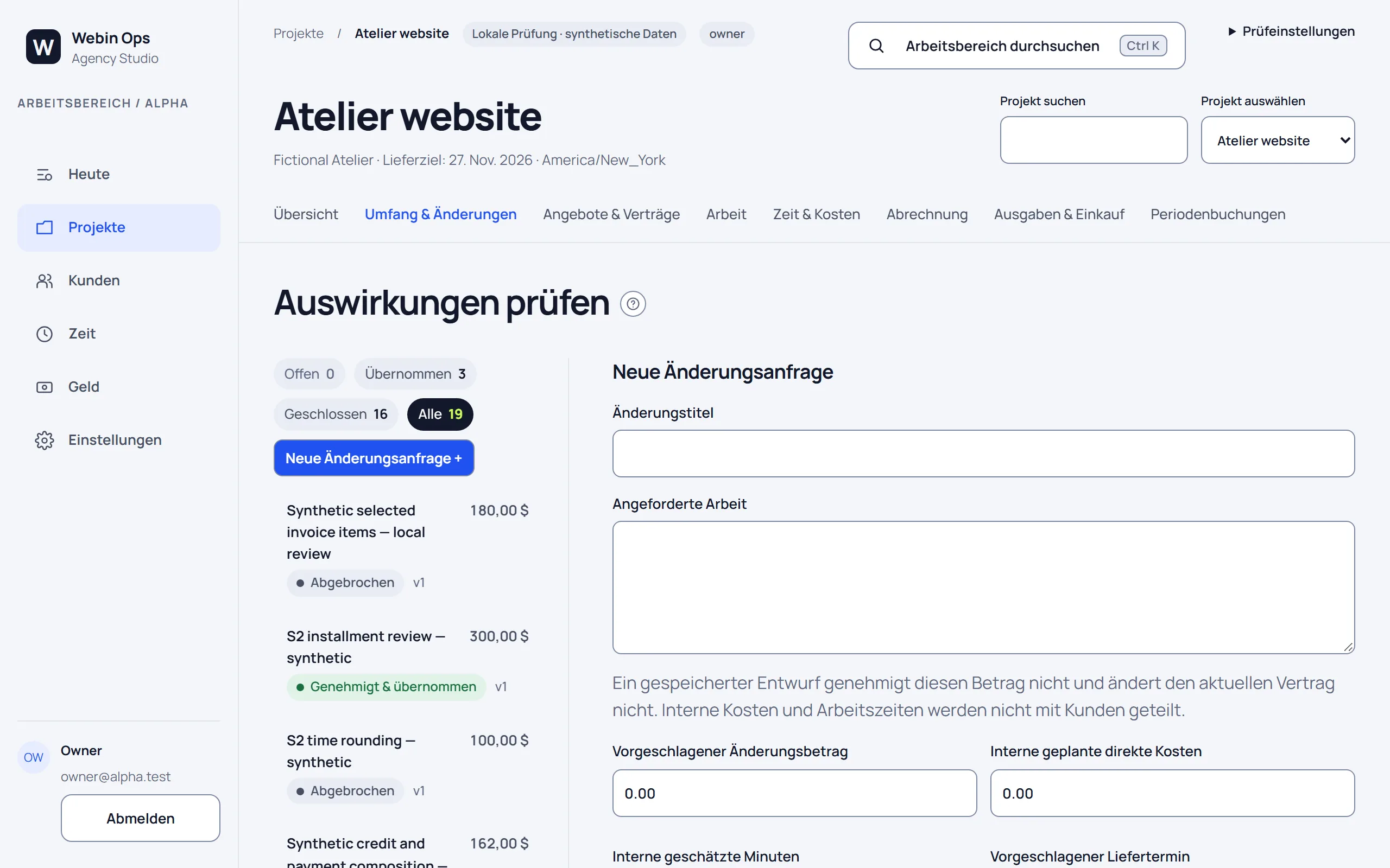 Prüfung eines Änderungsantrags, gezeigt mit Beispieldaten.
