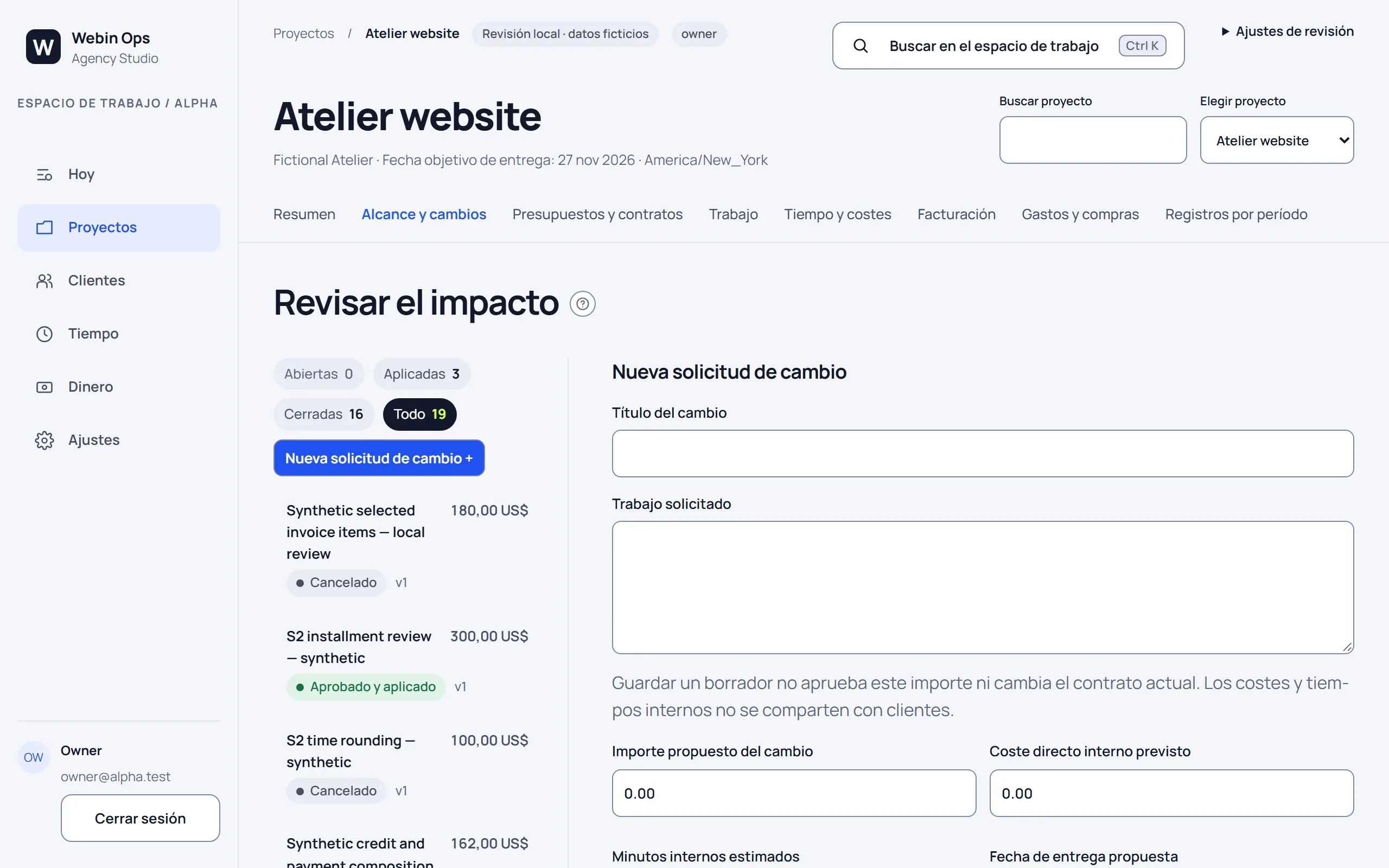 Revisión de una solicitud de cambio, con datos de ejemplo.