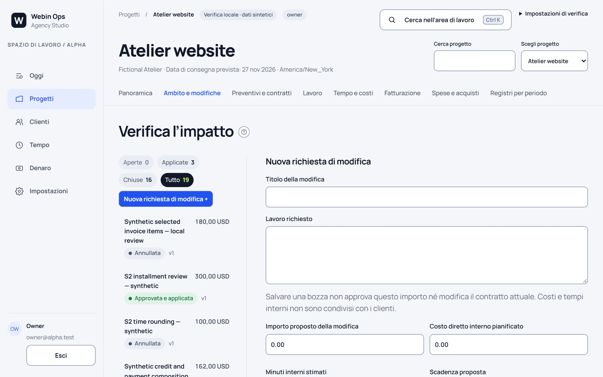 Verifica di una richiesta di modifica, con dati di esempio.