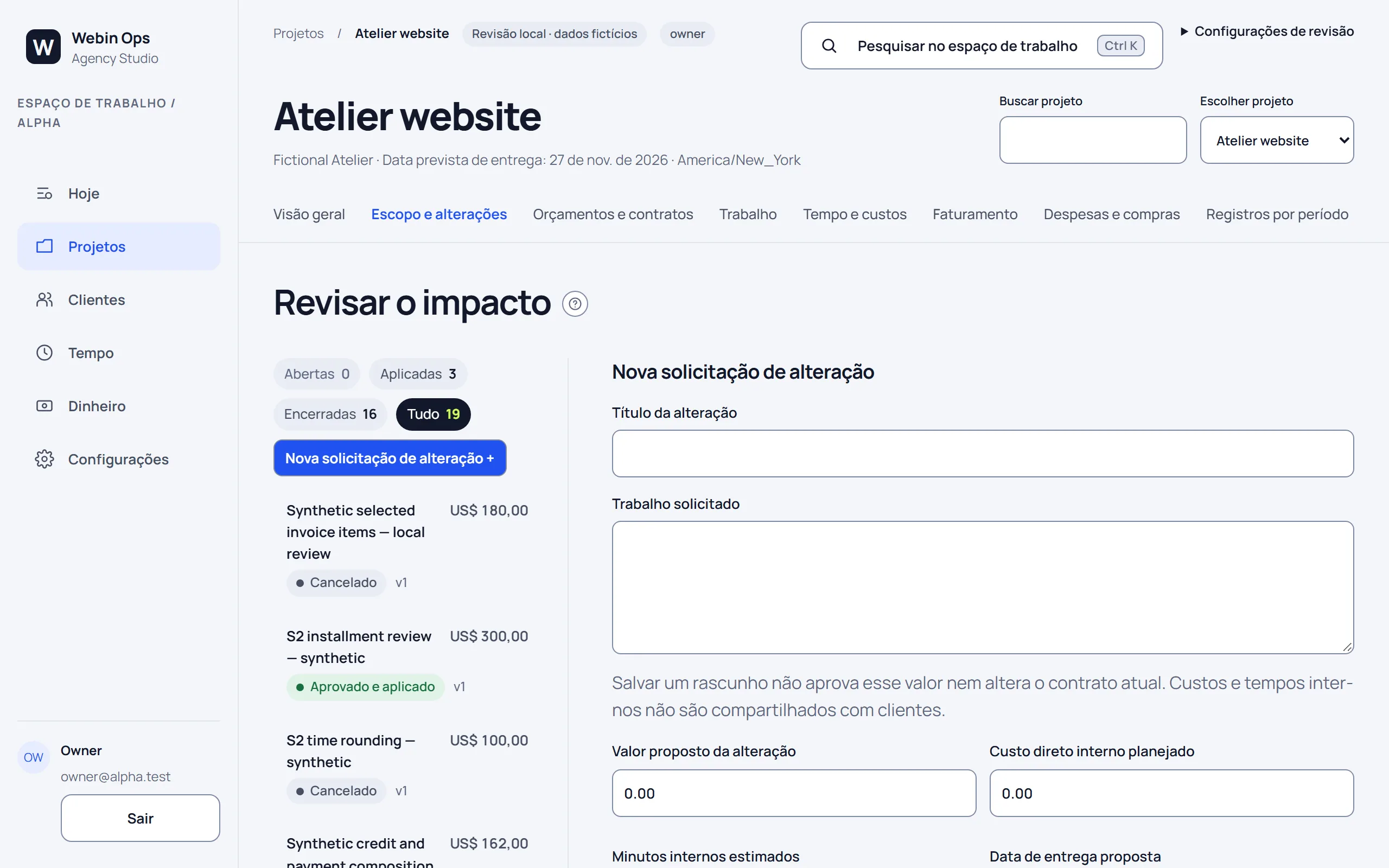 Análise de uma solicitação de mudança, com dados de exemplo.